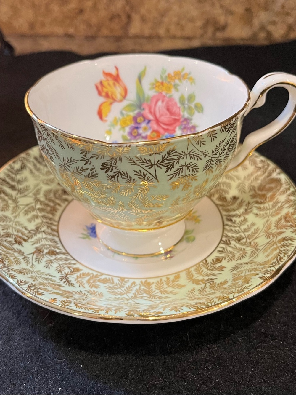 Vintage Royal Stafford Mint and Gold Floral Teacup and Saucer Set Made in Englan
